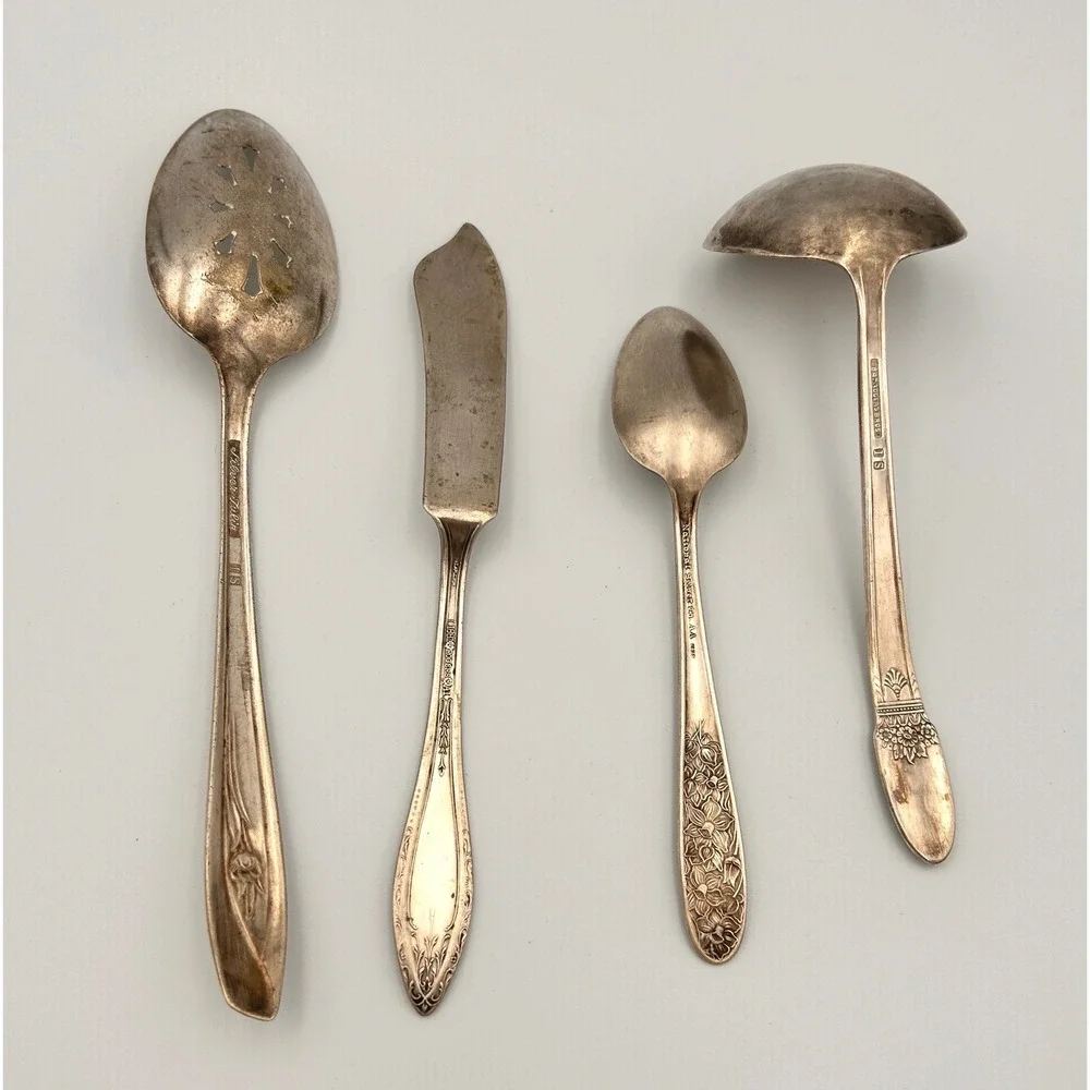 Vintage Silver Plated Mismatched Serving Set Slotted Spoon Ladle Butter Knife 4p